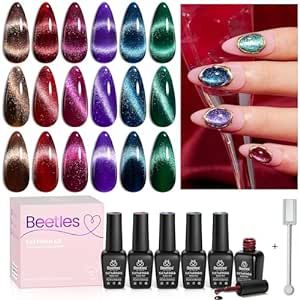 Beetles Cat Eye Gel Nail Polish Set 6 Colors, Glitter Red Shiny Brown Burgundy Purple Blue Green Magnetic Effect Sparkle Stunning Nail Gel Polish Gifts for Women, 2024 Limited Colors