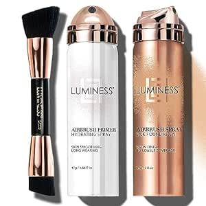 LUMINESS Silk Airbrush Foundation Makeup Kit - Full Coverage, Anti-Aging, Hydrating Foundation with Primer & Dual-Sided Buffing Brush (Light Medium)