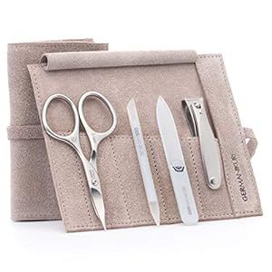 GERMANIKURE 4pc Mini Professional Manicure Set in Suede Case - FINOX Stainless Steel Tools Made in Solingen Germany, Glass Nail Care Supplies Made in Czech Republic