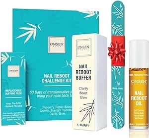 Onsen Secret Essential Nail Reboot Kit (Oil)- Professional Nail File, 3-Way Nail Buffer Block w/Free Replacement Pads & Nail Strengthening Reboot Oil for Healthy Nails