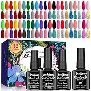 JEWHITENY 45 PCS Gel Nail Kit with 42 Colors Nail Polish Set Green Blue Red Pink Collection Gifts for Women